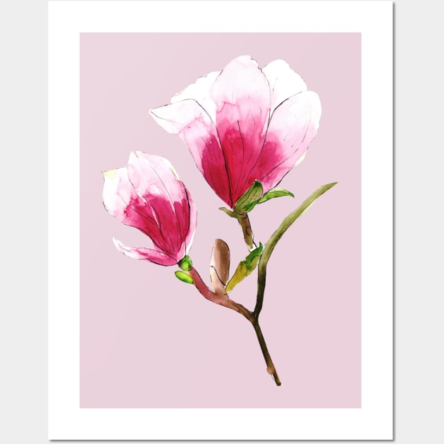 Magnolia Flowers Watercolor Painting Wall Art by Ratna Arts